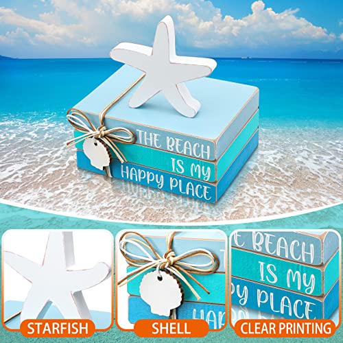 4 Pcs Starfish Shell Beach Tiered Tray Beach Blue Wooden Book Decor Wood Stacked Book Table Centerpiece for Summer Rustic Farmhouse Home Living Room Decorative(Starfish Shell)