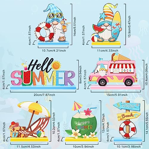 7 Pieces Hello Summer Table Decoration Sign Wooden Centerpieces Beach Gnome Wooden Decor for Farmhouse Summer Beach Home Table Tiered Tray Decor