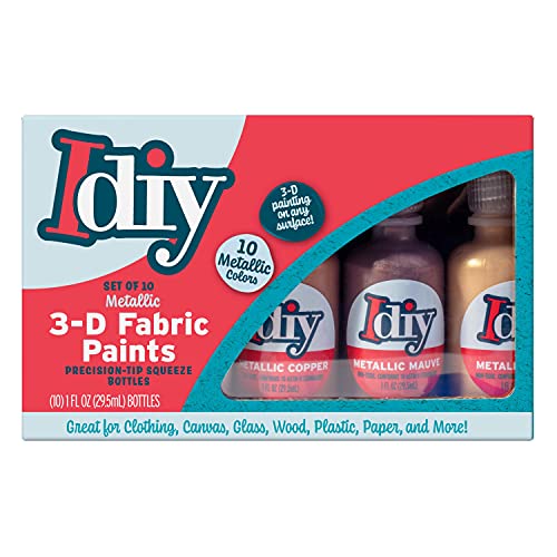 Fabric Paints Set of 10 Metallic Colors (1oz bottles) Bright 3D Fabric T Shirt Clothing Soft Paint, Non-Toxic Water-Based, Washable, Permanent, Classroom, Kids Birthday Party Art Craft, Holiday Craft