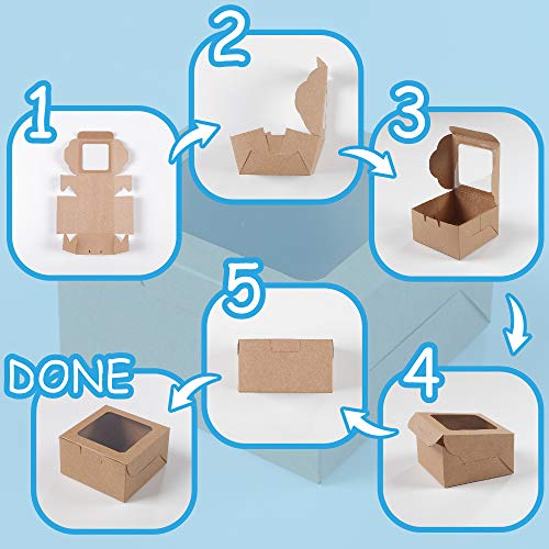 Kraft Paper Bakery Boxes - 50-Pack Single Pastry Box 4-Inch, Packaging with Clear Display Window, Donut, Mini Cake, Pie Slice, Dessert Disposable Take-Out Container, Brown, 4 x 2.3 x 4 Inches