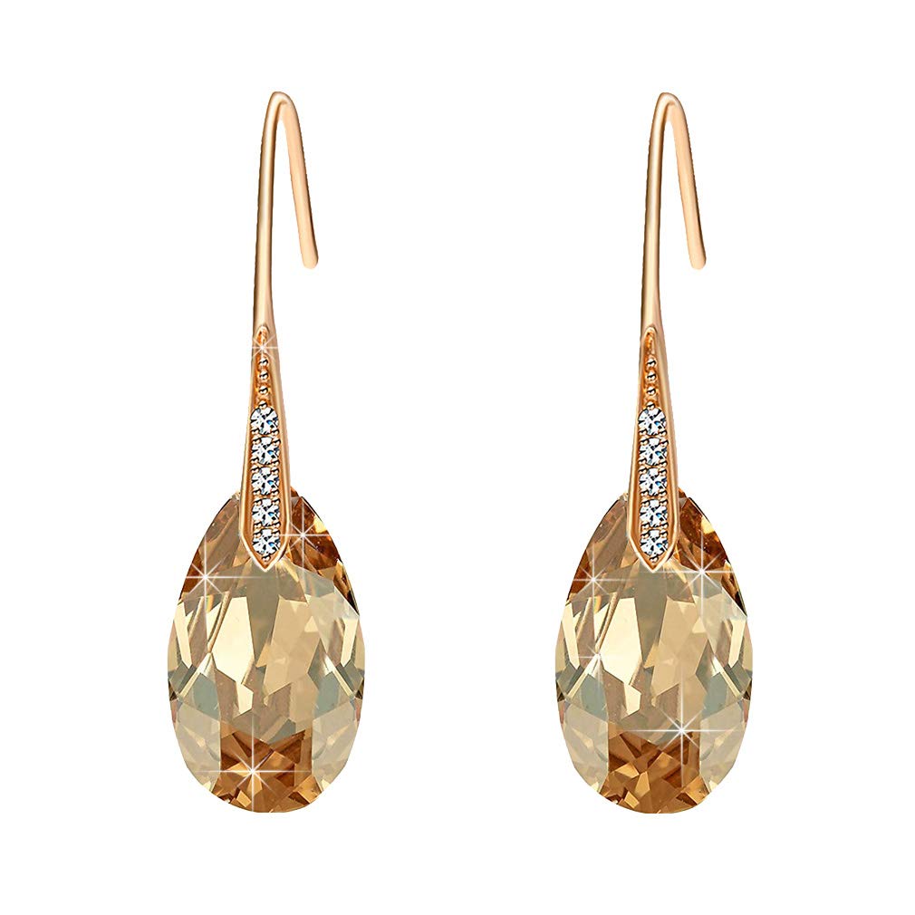 Austrian Crystal Teardrop Dangle Earrings for Women Drop Hook Earring 14K Rose Gold Plated Hypoallergenic Jewelry (Light Topaz)
