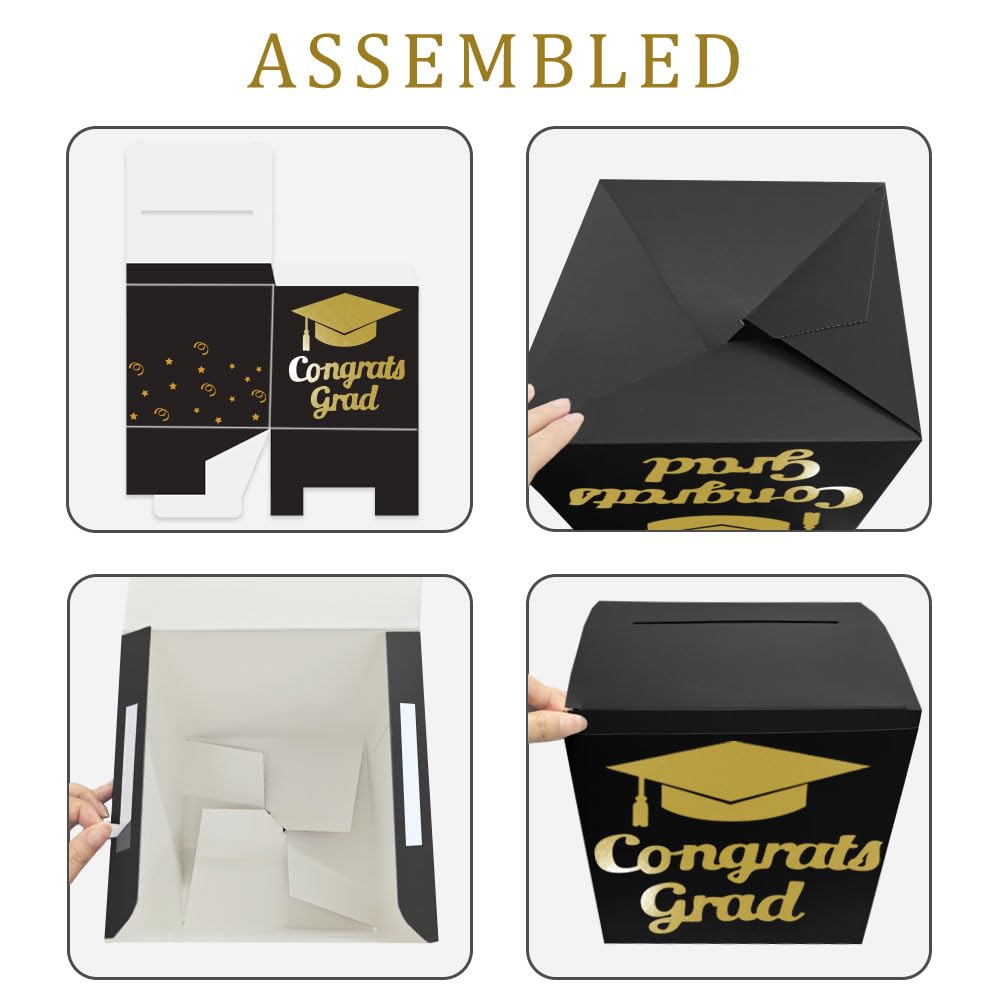Graduation Card Box Holder, Congrats Grad Foldable Cardboard Decorations Box for Graduation Party Decoration and Grad Parties (Black)