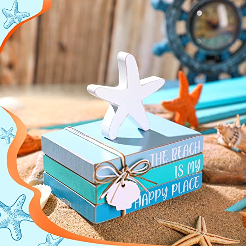4 Pcs Starfish Shell Beach Tiered Tray Beach Blue Wooden Book Decor Wood Stacked Book Table Centerpiece for Summer Rustic Farmhouse Home Living Room Decorative(Starfish Shell)