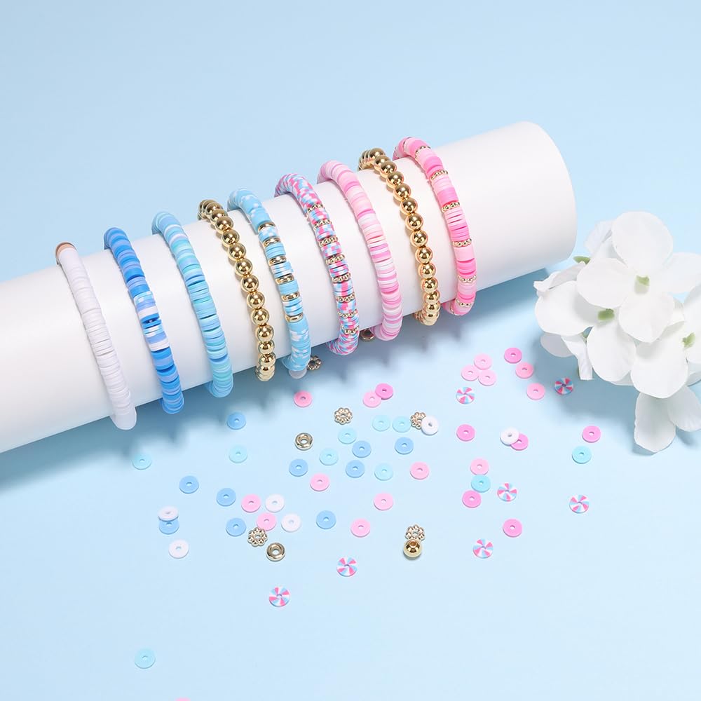 Blue Clay Bead Bracelet Kit DIY Jewelry Making Kit Clay Beads Bracelet Making Kit, Flat Preppy Beads for Friendship Bracelets, Polymer Clay Beads Crafts Gifts
