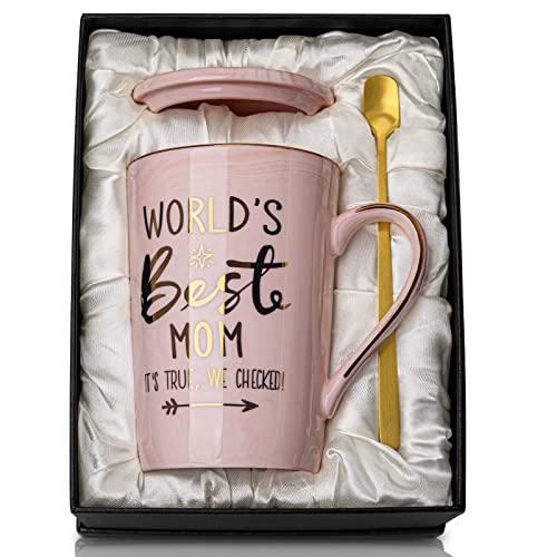 Mothers Day Gifts for Mom from Daughter Son Kids - 14Oz Funny World's Best Mom Mug with Gold Print, Birthday Presents for Mama Wife, Unique Pink Marble Coffee Cup with Lid Spoon Card, Elegant Gift Box