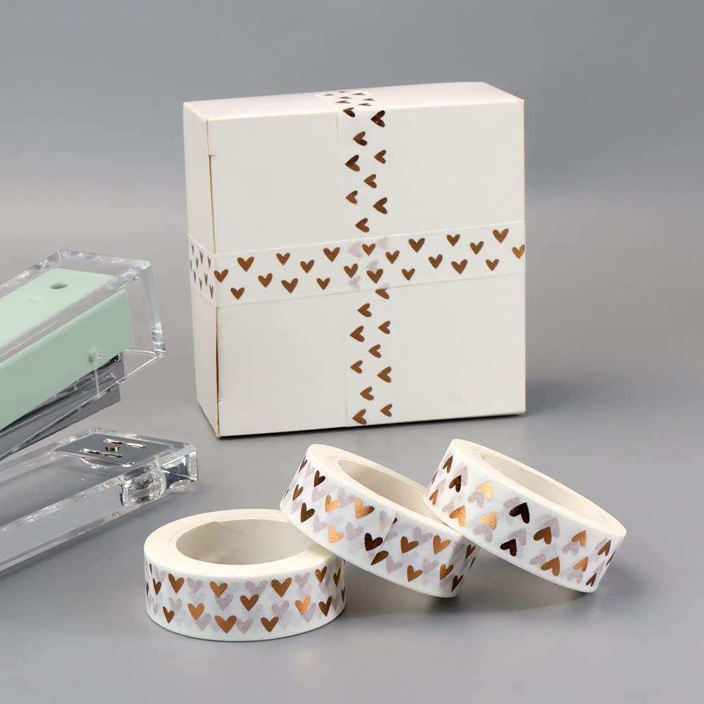 Wedding Washi Tape Rose Gold Foil Hearts Washi Tapes 3pcs 32Ft. Self-Sticky Love Decorative Craft Tape Masking Tapes for Decoration (Bronze Heart)