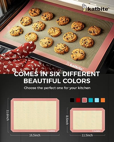 Katbite Silicone Baking Mat Colorful Collection - Set of 3: 2 Half Sheets Mats (11 5/8" x 16 1/2") + 1 Quarter Baking Sheet, Reusable & Nonstick Bakeware Mats for Cookies, Macarons, Bread (Pink)