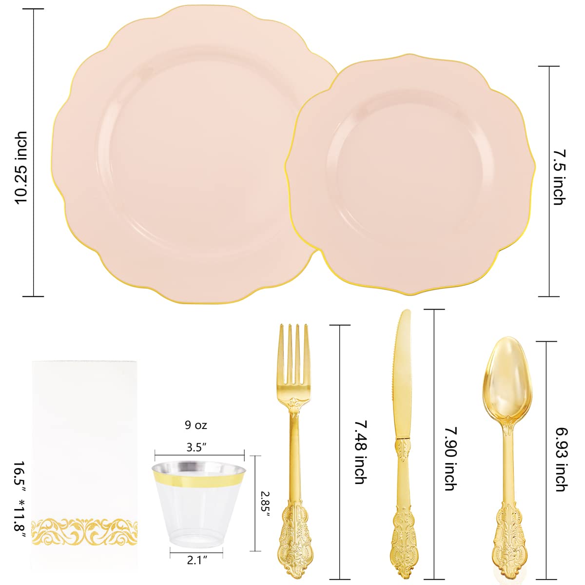 NOCCUR 175PCS Pink Plates with Gold Disposable Silverware - Include 50 Pink Plastic Plates,25 Knives,25 Forks,25 Spoons,25 Cups and 25 Napkins - Ideal for Party/Wedding/Easter Day