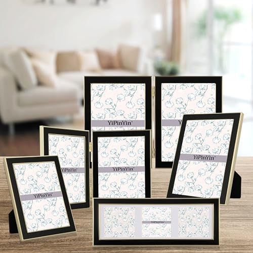4x6'' Gold Metal Edge frames with Black Enamel set of 2, 6x4''Gold/Black Frame with Easel, Velvet Backing for Countertop, Tabletop Display, Bookshelf, Desk, 4x6''Wall Frames, (4x6'' Black/Gold)