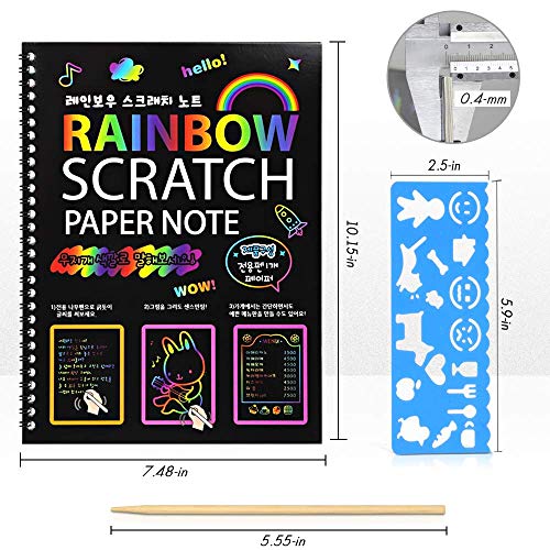 4 Pack Scratch Arts Drawing Notebook for Kids Drawing Pad, Large Rainbow Scratch Drawing Paper Set for Kids Art Supplies (with 4 Wooden Stylus & 4 Drawing Stencils）