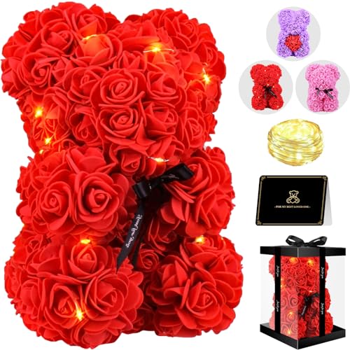 Otlonpe Bear Rose Flower, Mothers Day Flowers Gifts for Mom Wife Grandma Daughter Friends Sister Her, 9 inch Handmade Roses Led Light in Gifts Box, Womens Gifts for Birthday Christmas Valentines