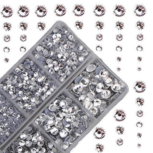 4000pcs Mixed Size Hot Fix Round Crystals Gems Glass Stones Hotfix Flat Back Rhinestones (Clear Crystal)