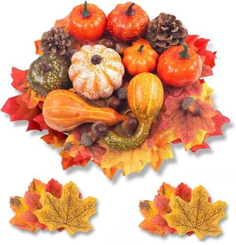 DomeStar 50 PCS Thanksgiving Artificial Pumpkins and Gourds Set, 8 PCS Fake Pumpkins, 12 PCS Pinecones and Acorns, 30 PCS Fake Maple Leaves Fall Wedding Tables Centerpieces