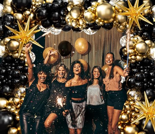 FOTIOMRG Black and Gold Balloons Garland Arch Kit, 5 10 12 18inch Black Gold Confetti Latex Balloons for Graduation New Year Anniversary Birthday Party Decorations