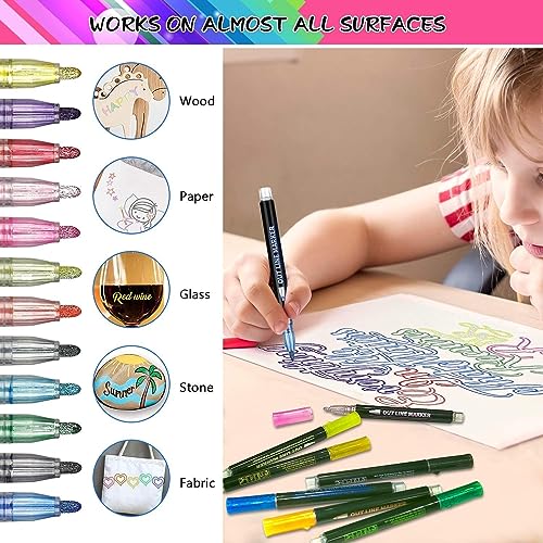 SUPER TOY 12 Pc Metallic Double Line Outline Markers Glitter Pen Set for Rock Painting, Glass, Mug, Wood, Fabric, Canvas, DIY Craft with Fine Medium Tip