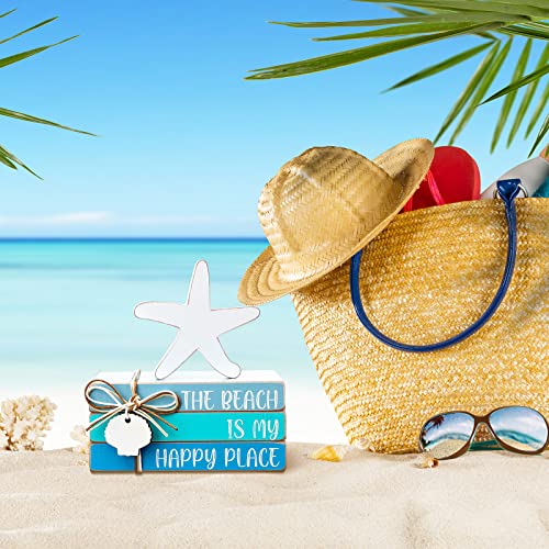 4 Pcs Starfish Shell Beach Tiered Tray Beach Blue Wooden Book Decor Wood Stacked Book Table Centerpiece for Summer Rustic Farmhouse Home Living Room Decorative(Starfish Shell)