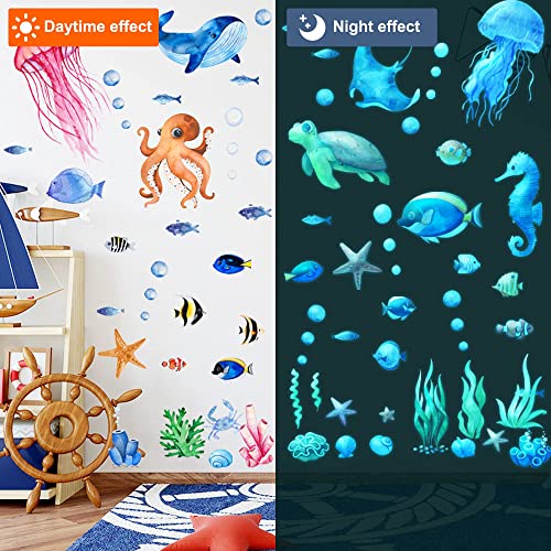 Glow in The Dark Ocean Fish Wall Stickers, Under The Sea Wall Stickers Vinyl Sea Life Wall Decals Removable Waterproof Peel and Stick for Boys Kids Bedroom Bathroom Creatures