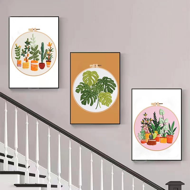 Embroidery Kits for Adults Beginner, European Style Garden Plant Green Leaf Stamped Embroidery Starter Kit,DIY Sewing Practice, Needlepoint Cross Stitch Kit,Set of 3