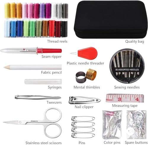 JUNING Sewing Kit with Case, 130 pcs Sewing Supplies for Home Travel and Emergency, Kids Machine, Contains 24 Spools of Thread, Mending and Sewing Needles, Scissors, Thimble, Tape Measure etc