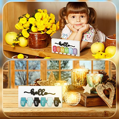 5 Pcs Hello Summer Sign Interchangeable Seasonal Sign Spring Fall Winter Tiered Tray Decor 5.9 x 3 Inch Wooden Gloves Decor 4 Seasons Farmhouse Table Centerpiece Decoration for Home(Fresh)