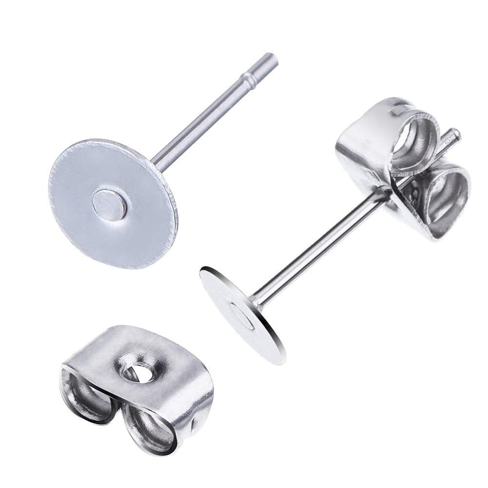 600 PCS 5MM Hypoallergenic Stainless Steel Earrings Posts Flat Pad Blank Earring Pin Studs with Butterfly Earring Backs and Silicone Bullet Earring Backs for Jewelry Making Findings
