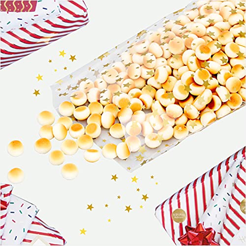 LEOSINDA 100 pcs Clear 5"X 11" Flat Gift Wrap Cellophane Bags Cello Bags Cookie Bags Treat Bags with Twist Ties Poly Bag 1.3 mil for Bakery, Cookie, Candies Gold Star Printed