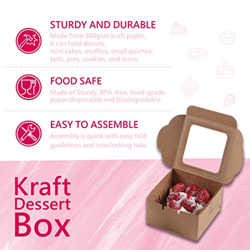 Kraft Paper Bakery Boxes - 50-Pack Single Pastry Box 4-Inch, Packaging with Clear Display Window, Donut, Mini Cake, Pie Slice, Dessert Disposable Take-Out Container, Brown, 4 x 2.3 x 4 Inches