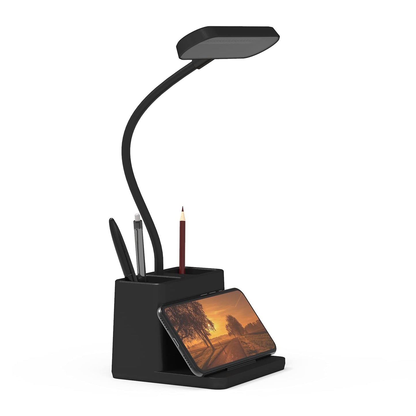 Black LED Desk Lamp for Home Office Bedroom, Battery Operated Table Light for Computer Desktop, Small, Cute, Dimmable, Rechargeable, Flexible Gooseneck, Pen Holder, Phone Mount, Touch Control