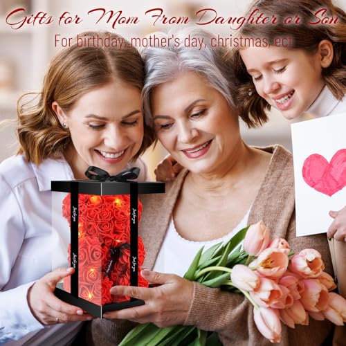 Otlonpe Bear Rose Flower, Mothers Day Flowers Gifts for Mom Wife Grandma Daughter Friends Sister Her, 9 inch Handmade Roses Led Light in Gifts Box, Womens Gifts for Birthday Christmas Valentines
