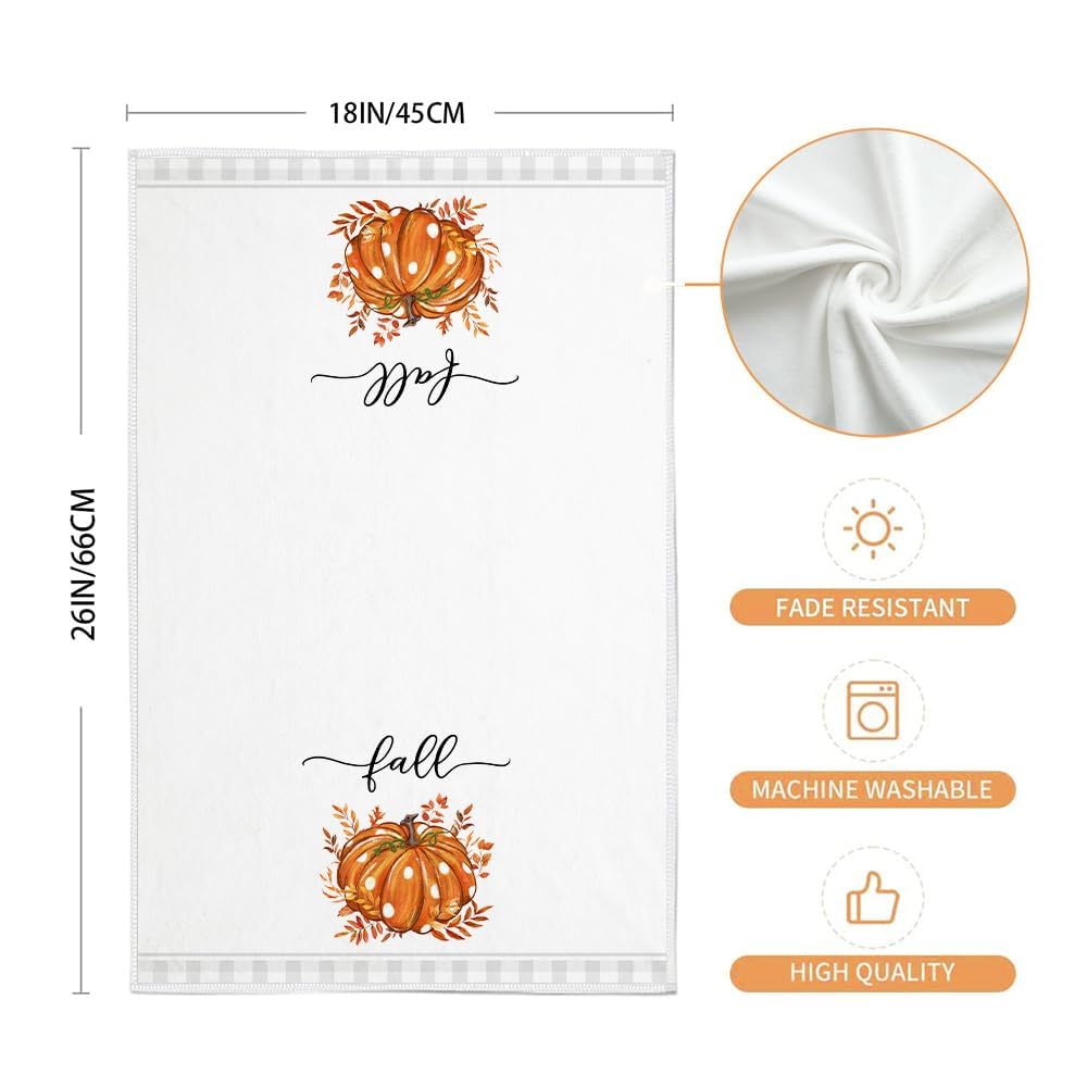 Fall Kitchen Towels Set of 2,Orange Pumpkin Grey Buffalo Check Autumn Dish Towels 18x26 Inch Drying Dishcloth,Farmhouse Home Decoration AD118