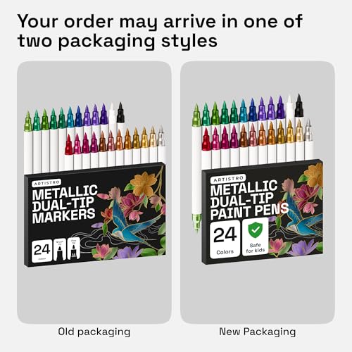 24 Metallic Acrylic Paint Markers - Paint Pens for Drawing, Brush + Fine Tips - For Fabric, Rock, Glass, Wood, Eggs - Art & Craft Supplies for Adults, Teens, Kids - Easter Basket Stuffers