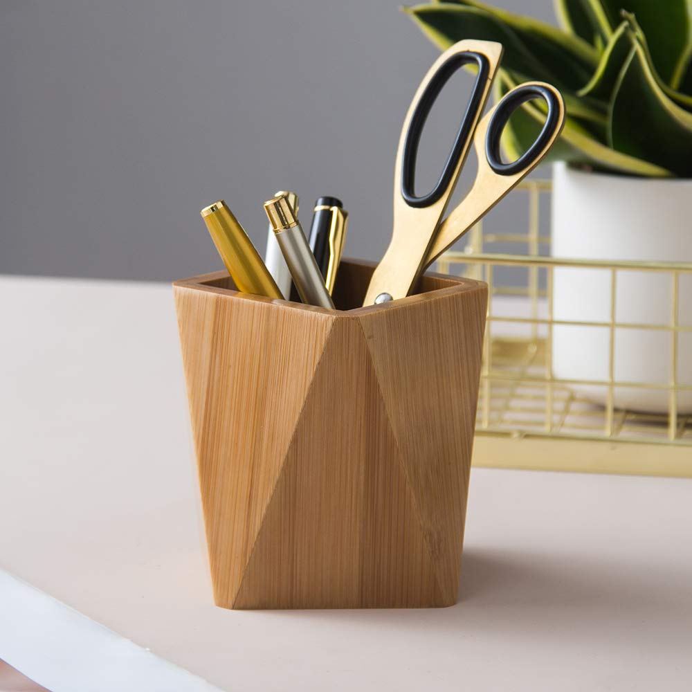 Bamboo Wood Pen Holder Stand for Desk Geometric Pencil Cup Pot Cute Desktop Office Supplies, Makeup Brushes Organizer (Bamboo)