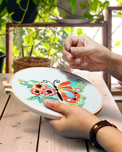 TINDTOP 3 Sets Embroidery Stitch Practice kit, Butterfly Flower Embroidery Kit for Beginners Include Cloth Hoops Threads for Craft Lover Hand Stitch with Embroidery Skill Techniques