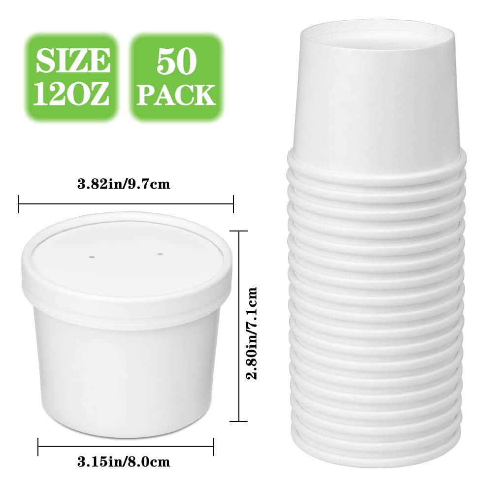 12 oz 50 Pack Paper Soup Containers with Lids, Disposable Food Cups, Soup Cups Paper Ice Cream Cup, Dessert Cup, Yogurt Ice Cream Containers. Great For Restaurants, Take Outs, or To-Go Lunch
