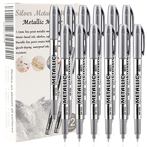 LOONENG Silver Metallic Markers, Fine Point Silver Metallic Marker Pens for Adult Coloring, Black Paper, Scrapbook, Artist Illustration, Crafts, Gift Card Making, Fabric, Photo Album, Set of 12