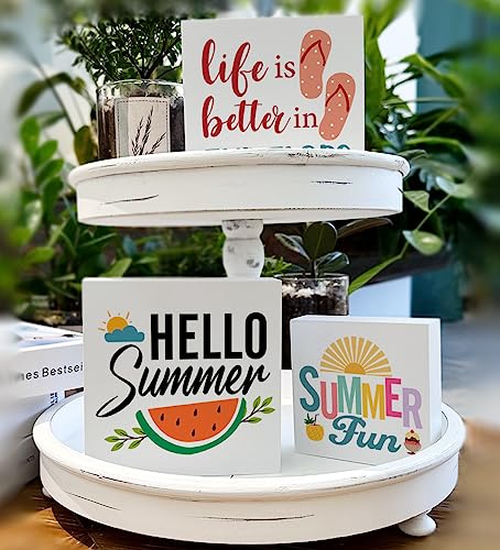 Summer Decor for Home Hello Summer Tiered Tray Decor 3 Pcs Wood Decorative Signs Table Desk Shelf Decoration