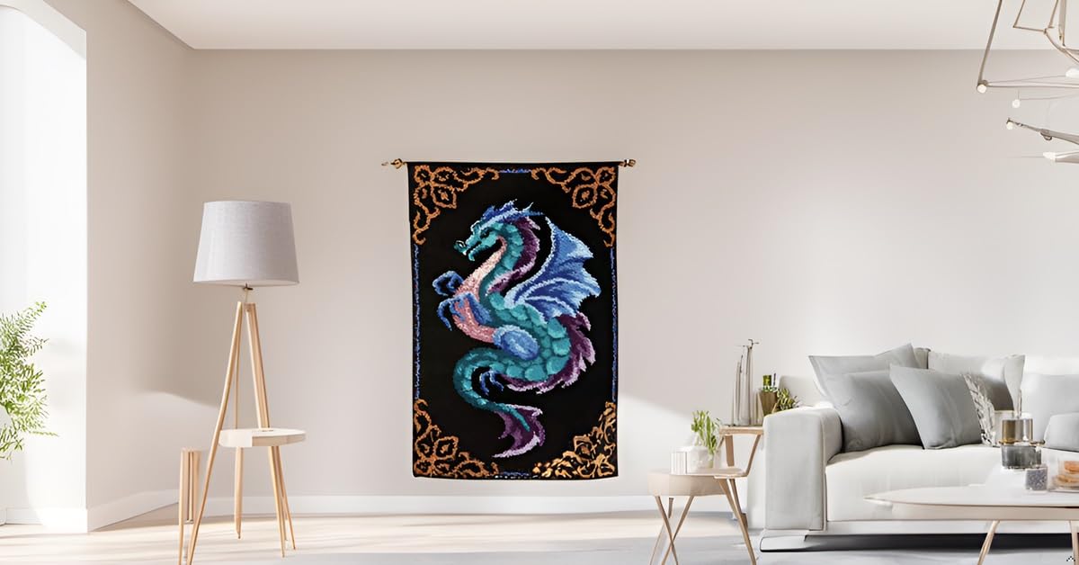 Dragon Latch Hook Rug Kits for Adult, DIY Rug Crochet Making Kits with Pre-Printed Canvas and Latch Hook Tool and Enough Yarn, 20x15in