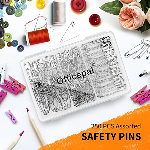 Officepal Premium Quality 4-Size Pack of Safety Pins- Top 250-Count – Durable, Rust-Resistant Nickel Plated Steel Set- Best Sewing Accessories Kit for Baby Clothing, Crafts, Arts (4-Size in 1 No.001)