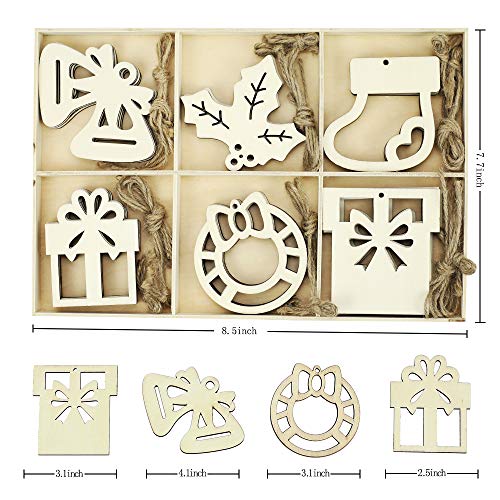 30PCS Christmas Wooden Ornaments, 3 Inch Unfinished Wooden Cutouts Boho Ornaments for Hanging Christmas Tree DIY Kids Crafts Gift Winter Party Indoor Home Winter Xmas Decorations