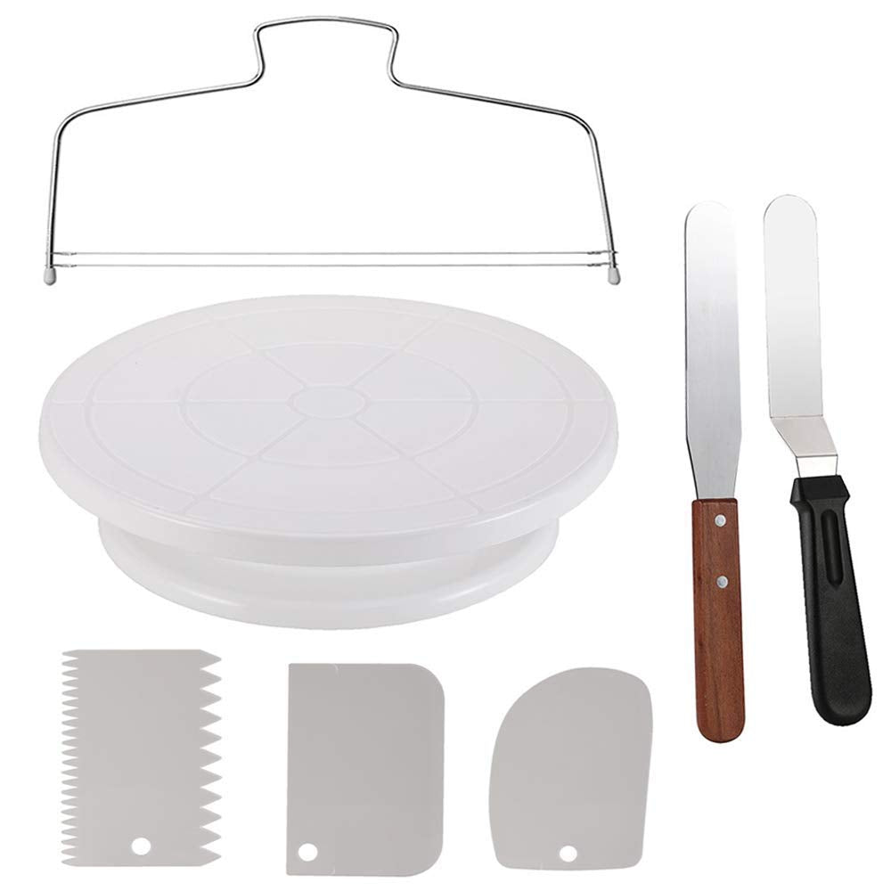 Cake Decorating Turntable,Cake Decorating Supplies with Decorating Comb/Icing Smoother(3pcs),2 Icing Spatula with Sided & Angled … (White/7pcs)