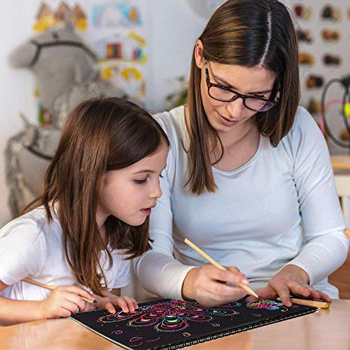 4 Pack Scratch Arts Drawing Notebook for Kids Drawing Pad, Large Rainbow Scratch Drawing Paper Set for Kids Art Supplies (with 4 Wooden Stylus & 4 Drawing Stencils）