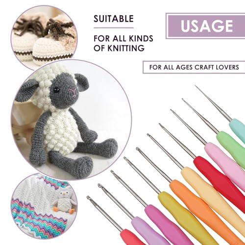 10Pcs Knitting Needles Crochet Hook - Multicolor Ergonomic Crochet Hooks Set - Rubber Handled Aluminum Crochet Hooks - Small Crochet Hooks Knitting Kit for Beginners Crochet Kit for Crocheting Yarn