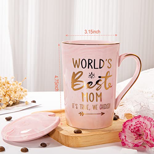 Mothers Day Gifts for Mom from Daughter Son Kids - 14Oz Funny World's Best Mom Mug with Gold Print, Birthday Presents for Mama Wife, Unique Pink Marble Coffee Cup with Lid Spoon Card, Elegant Gift Box