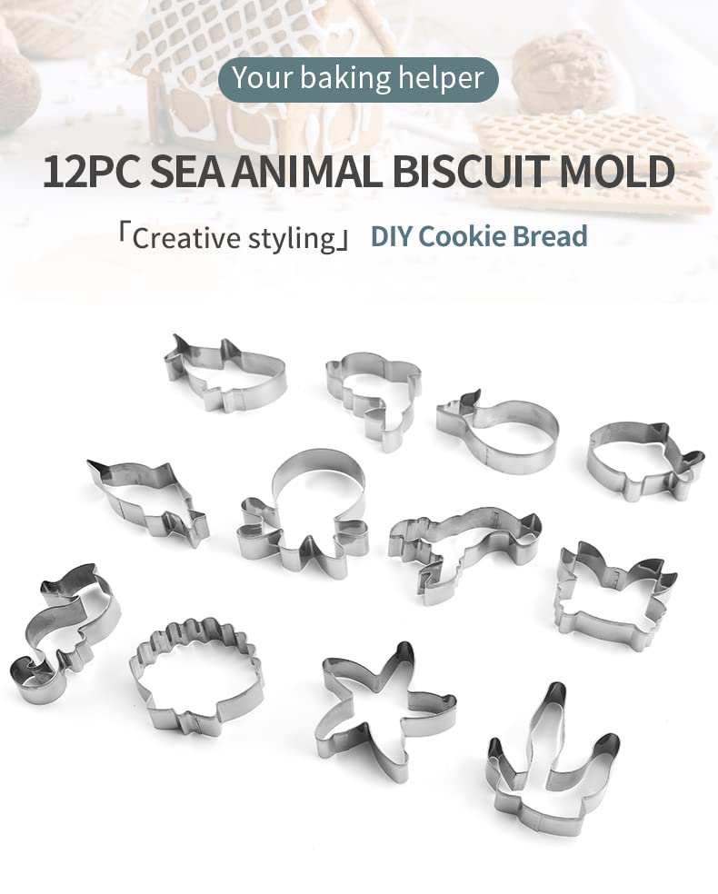 12PCS Ocean Creatures Cookie Cutters Set, ISZW Stainless Steel Marine Species Shapes Baking Mold for Kids Baking, Metal Cookie Sandwich Biscuit Cutter Molds for Kids Birthday Party DIY Cake Decoration