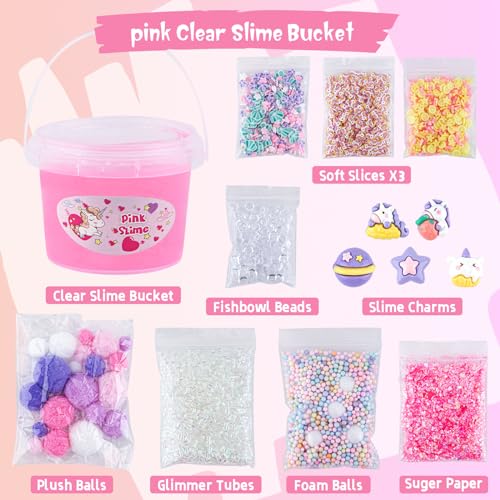 10 FL OZ Unicorn Slime Kit, Pink Clear Slime Bucket, Slime Party Favors for Kids, Glimmer Crunchy Slime Includes 9 Packs of Slime Add-ins, Stress Relief Slime Kit for Girls and Boys Ages 8-12