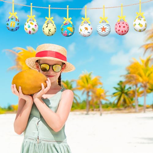 16 Pcs Summer Hanging Ornaments Hanging Hawaiian Style Ball Decoration Ice Cream Orange Juice Flamingo Sea Seahorse Style Ball for Summer Holiday Party Tree Decor(Beach)