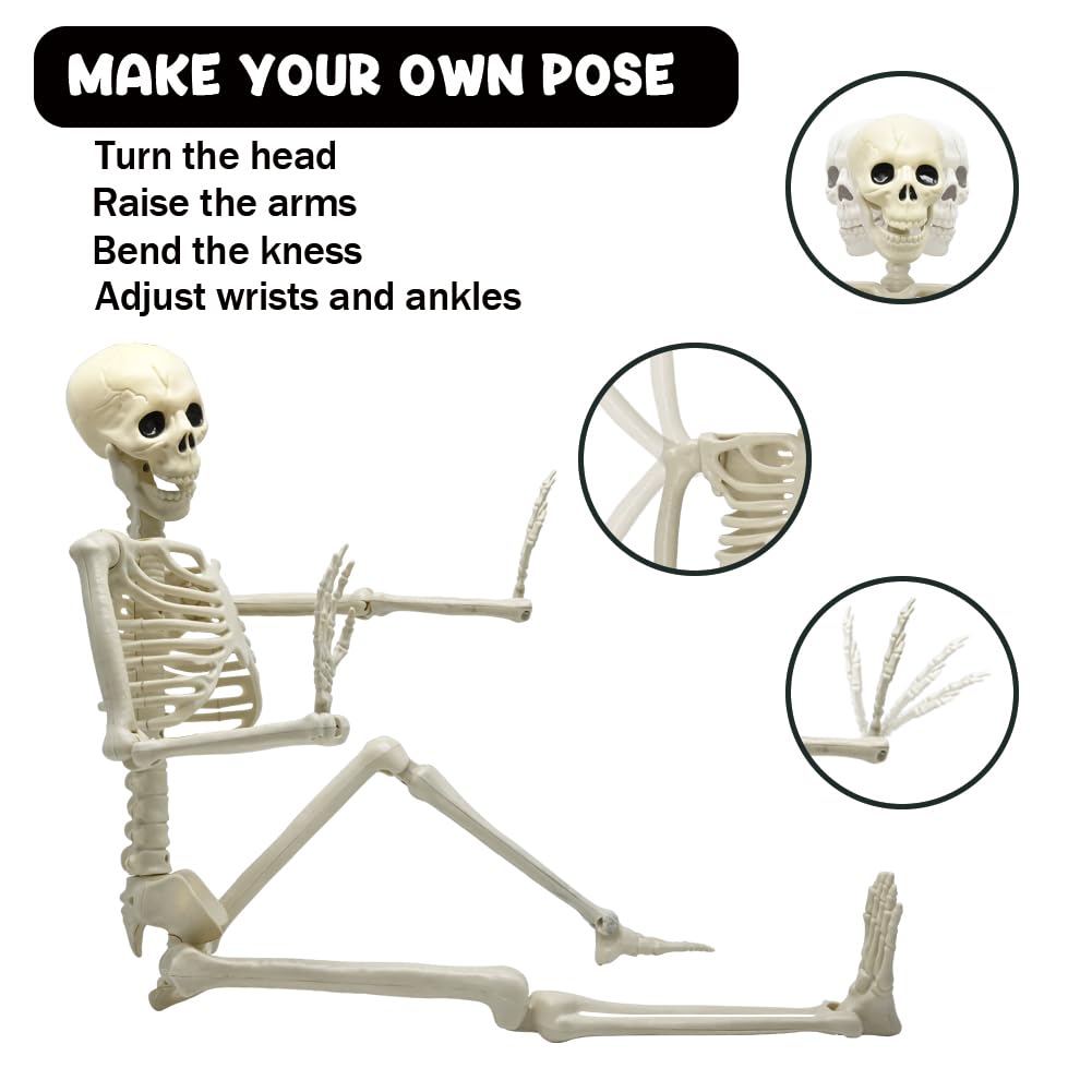 36in Skeleton Halloween Decorations, 3ft Full Body Posable Life Like Skeleton Realistic Human Plastic Bones with Movable Joints for Halloween Party Lawn Haunted House Decor