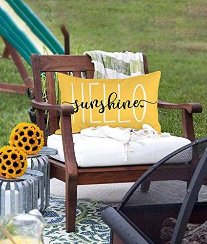 4TH Emotion Hello Sunshine Pillow Cover Farmhouse Yellow Lumbar Pillow Cover Spring Summer Decorations Cushion Case for Sofa Couch Polyester Linen 12x20 Inches
