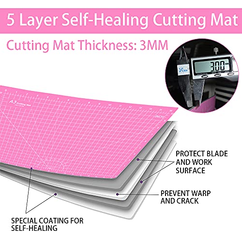 Headley Tools 18"x12" Thickened Self Healing Cutting Mat, A3 Rotary Cutting Sewing Mat for Crafts, Double Sided 5-Ply Table Cutting Board for Fabric Quilting Art Hobby Project, Pink/Purple