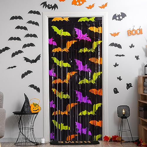Mega-L Halloween Party Decorations 2 Pack Green Orange Purple Bat Pattern Photo Booth Props, 3.3 X 6.6 ft Metallic Foil Fringe Curtains, Halloween Photo Backdrop Streamers Halloween Party Supplies